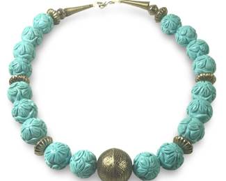 Vintage Carved Chunky Turquoise Bead Necklace