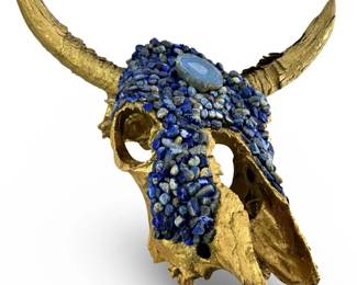 Gold Painted Mixed Media Lapis Encrusted Cow Skull