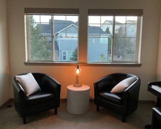 White Metal Accent Drum Table - Lamp- Faux Leather Barrel Chairs