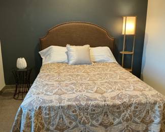 Upholstered  Cafe Nailhead Headboard - Pottery Barn Duvet- Mod Standing Floor Lamp