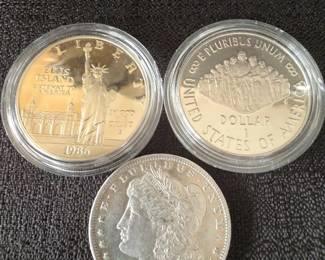 1879 Morgan, 1986 Statue of Liberty 1987 U.S. Constitution Proof Silver Dollars