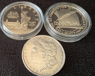 1898 Morgan Silver Dollar, 1986 Statue of Liberty  1987 U.S. Constitution Proof Silver Dollars