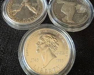1983S US Olympic,1988 S Seoul Olympiad  1993 Jefferson 250th Anniversary Silver Dollar