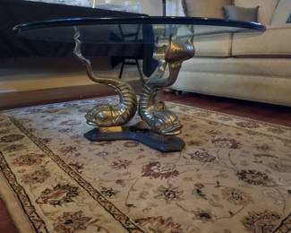 Vintage Hollywood Regency Brass Dolphin Koi Round Glass Top Coffee Table