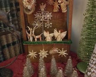 German Handcrafted Straw Christmas Ornaments, Wooden Display Stand and Mesh Christmas Trees