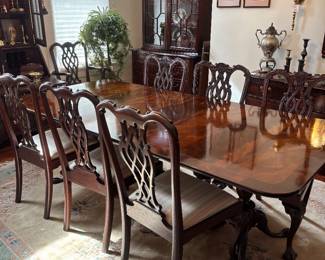 Banded Mahogany Dining Table and 10 Chippendale Style Chairs