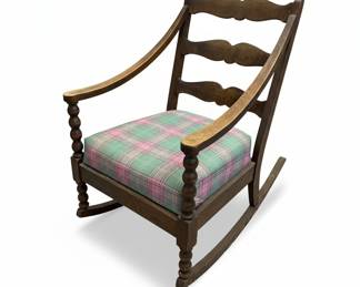 Vintage Wooden Rocking Chair with Plaid Upholstery