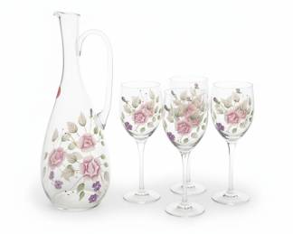 Vintage Hand-Painted Floral Glass Decanter and Wine Glasses Set