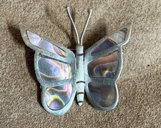 Vintage Silver and Abalone Butterfly Brooch or Pendant
