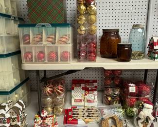 Assorted Vintage Red and Gold Christmas Ornaments and Village Houses