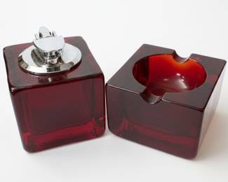 Ruby Glass Ashtray and Lighter Set