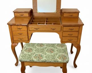 Vintage Oak Vanity Table with Stool
