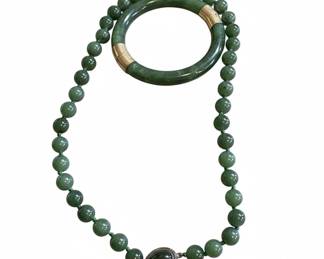 Nephrite Jade Bead Necklace and Bangle Set with Gold Clasp