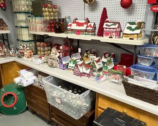 Assorted Vintage Christmas Village Houses and Ornaments
