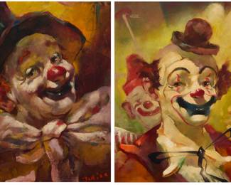 443 Julian Ritter (1909-2000) Two clown portraits Each: Oil on Masonite Each: Signed lower right: Julian Each: 12" H x 9.5" W Estimate: $300 - $500