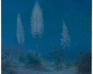 257 Frank Montague Moore (1877-1967) "Yucca in Moonlight" Oil on canvas laid to board Signed lower right: F.M. Moore; signed again, titled, and inscribed "Huntington Hotel, Pasadena, Calif." on the stretcher 52.25" H x 42" W Estimate: $1,000 - $1,500
