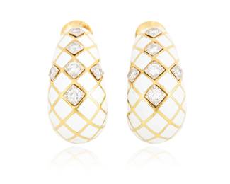 49 David Webb: A Pair of 18K Gold, Enamel and Diamond Earclips Featuring a lattice design of white enamel accented by twelve round diamonds weighing approximately 1.30 carats, signed Webb 2 pieces  Measures: 1 1/4 x 5/8 in. 34.0 grams Estimate: $3,000 - $5,000