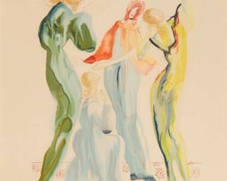235 After Salvador Dalí (1904-1989) "La Dance," circa 1964 Lithograph in colors on cream paper An artist's proof [épreuve d'artiste] aside from the edition of unknown size and date Bears signature and inscribed "EA" in pencil in the lower margin: Dalí Image: 16.5" H x 12" W; Sight: 19.75" H x 16" W Estimate: $100 - $200