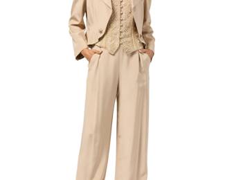 157 Badgley Mischka: A Tan Silk Ladies Pant Suit Ensemble Circa 1990s, U.S.A. Labels: Badgley Mischka / Made in U.S.A.; with boutique labels for fabric A three-piece pale beige finely ribbed silk faille trouser suit, each piece with tonal silk linings, comprising a cropped blazer style swing jacket with two gold-tone faux-pearl and diamanté buttons, together with a matching vest with elaborate beadwork to the front, and a matching pair of high waisted pants with front pleats and a back zipper, as well as a Badgley Mischka matching silk crepe camisole top 4 pieces  Jacket: size 12: bust across front: 20 in.; waist: 17 in.; sleeves: 23 1/2 in.; across back at shoulders: 16 1/2 in.; CB length: 21 in. Vest: size 12: bust: 20 in.; waist: 17 in.; length: 20 in. Top: size L; bust: 20 1/2 in. length: 21 in. Pants: size 12: waist across front: 14 1/2 in.; hips: 22 in.; length: 46 in.; inseam: 33 (unhemmed) Estimate: $100 - $200