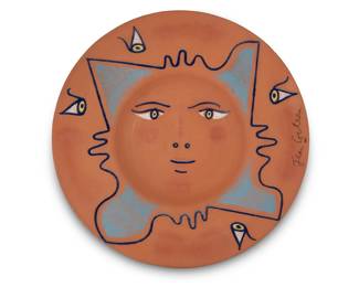 227 Jean Cocteau (1889-1963) "Quatre-profils," 1958 Terracotta charger with polychrome ceramic crayon and enamels Edition: 19/30 Signed recto: Jean Cocteau [star cipher]; inscribed and numbered to underside: Edition originale de Jean Cocteau / Atelier Madeline-Jolly 1.5" H x 14.75" Dia. Estimate: $3,000 - $5,000