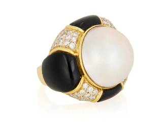 72 An 18K Gold, Mabe Pearl, Onyx and Diamond Ring Centering a round mabe Pearl accented by four carved onyx elements, finished with forty-eight round diamonds weighing approximately 0.96 carats  Size: 8 20.3 grams gross Estimate: $1,500 - $2,000