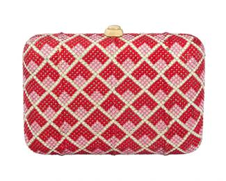 124 Judith Leiber for Frances Klein: A Red & Pink Crystal Patterned Minaudière Marked to interior plaque: Judith Leiber / ©; with cloth label: Frances Klein / Beverly Hills A red, pink, and white checked crystal-covered, rounded rectangular clutch bag with gold-toned hardware, including a rounded gold clasp and drop-in chain strap, with gold leather lining and a matching coin purse, a gold compact mirror and a gold comb with tassel  4 in. H x 7 1/4 in. W x 1 3/4 in. D; chain drop: 20 in. Estimate: $400 - $600