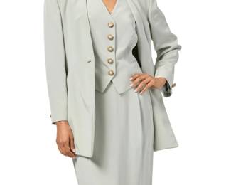 158 Badgley Mischka: A Pale Grey Silk Ladies Skirt Suit Circa 1990s, U.S.A. Labels: Badgley Mischka / Made in U.S.A.; with boutique labels for fabric A three-piece 'eau-de-nil' finely ribbed silk faille formal suit, each piece with tonal silk linings and two with gold-tone faux-pearl and diamanté buttons, comprising a slightly fitted longline jacket, together with a matching vest with side zip fastening, and a matching straight skirt with front pleats, as well as a Badgley Mischka matching silk crepe camisole top 4 pieces  Jacket: size 12: bust across front: 20 in.; waist: 19 in.; hips: 22 in.; sleeves: 24 in.; across back at shoulders: 16 1/2 in.; CB length: 31 in. Vest: size 12: bust: 19 in.; waist: 18 in.; length: 19 1/2 in. Top: size L; bust: 21 in. length: 22 in. Skirt: size 12: waist across front: 114 1/2 in.; hips: 21 in.; length: 24 in. Estimate: $100 - $200