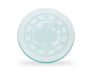 331 An Art Deco-style etched glass charger Late 20th century Unmarked Possibly depicting Aphrodite at center, bordered by zodiac figures 2.125" H x 22" Dia. Estimate: $300 - $500