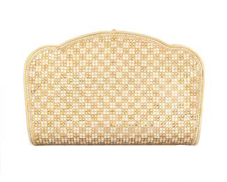 132 Judith Leiber: A Gold & White Patterned Crystal Minaudière Marked to interior plaque: Judith Leiber / © A gold and white checkered crystal-covered shaped box clutch bag, with gold-toned hardware and pink gemstone clasp closure, drop-in chain strap, and gold leather lining with matching coin purse  4 3/4 in. H x 7 1/4 in W x 2 1/4 in. D; chain drop: 19 1/2 in. Estimate: $400 - $600