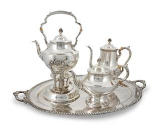 192 A Poole sterling silver 'Georgian' tea and coffee service Mid-20th century Each with impressed marks for sterling, maker, pattern, and numbered: 1027 Comprising: A hot water kettle A teapot A coffee pot A handled tray (1.625" H x 25.25" W x 15.5" D) 4 pieces Estimate: $7,000 - $9,000