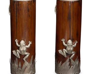 380 A pair of silvered metal mounted bamboo 'Hungry Frog' vases 20th century Each with metal-lined rim, mounted to exterior with silver-plated metal blades of grass, a frog, and a hardstone-inset dragonfly 2 pieces Each: 14.5" H x 5.875" W x 5" D Estimate: $600 - $800