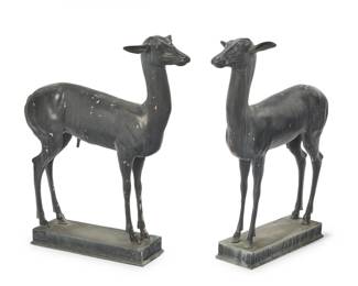 243 A pair of Grand Tour style patinated bronze Pompeian deer 20th century Each unmarked 2 pieces Each: 36.5" H x 31" W x 12" D Estimate: $2,000 - $4,000