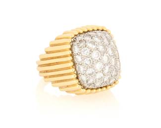28 David Webb: An 18K Gold, Platinum and Diamond Ring Of a high domed design centering round diamonds weighing approximately 3.36 carat, finished with a fluted gold mount, signed Webb  Size: 7 1/2 18.5 grams gross Estimate: $3,000 - $5,000