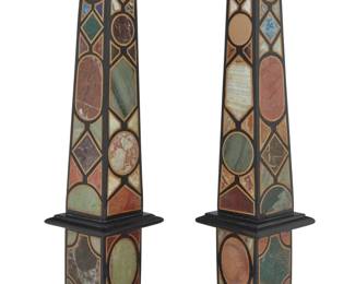 340 A pair of specimen marble obelisks 20th century 2 pieces Each: 21.25" H x 6.375" L x 6.375" W Estimate: $1,000 - $1,500