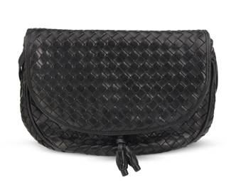 169 Bottega Veneta: A Vintage Black Intrecciato Woven Leather Shoulder Bag Marked to interior plaque: Bottega Veneta / Made in Italy A rounded double flap crossbody bag with woven leather exterior, press-stud gold-toned clasp, a long, knotted shoulder strap, and black leather lining to interior, with two under-flap compartments and one zip pocket with satin lining  6 1/2 in. H x 9 1/4 in. W x 2 1/4 in. D; drop: 22 in. Estimate: $200 - $400