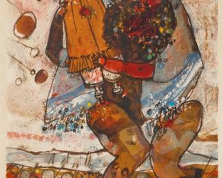 236 Theo Tobiasse (1927-2012) One plate from the "Diaspora" series, 1968 Lithograph in colors Japon nacré paper Edition: 13/20 J (aside from the edition of 125 numbered in Roman numerals) Signed and numbered in pencil in the lower margin: Theo Tobiasse; Shorewood Atelier, New York, NY, pub. Image: 23.5" H x 18" W; Sight: 25" H x 19" W Estimate: $300 - $500