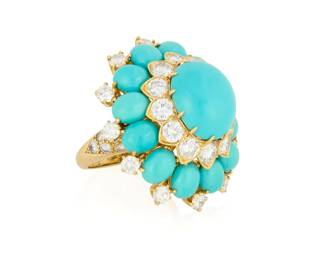 78 Van Cleef & Arpels: An 18K Gold, Turquoise and Diamond Ring Featuring oval turquoise cabochons in a floral design accented by twenty-four round diamonds weighing approximately 3.60 carats, signed VCA 38260  Size: 7 15.8 grams gross Estimate: $7,000 - $10,000