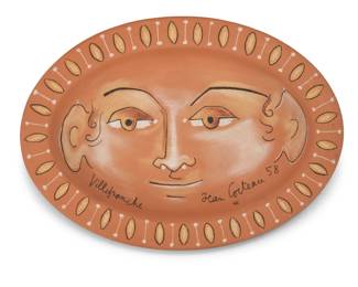 229 Jean Cocteau (1889-1963) "Visage ovale (G. 240)," 1958 Terracotta charger with polychrome ceramic crayon Edition: 3/15 Signed, dated, and inscribed recto: Villefranche / Jean Cocteau [star cipher] 58; inscribed and numbered to underside: Edition originale de Jean Cocteau / Atelier Madeline-Jolly 1.75" H x 14.625" W x 10.625" D Estimate: $3,000 - $5,000