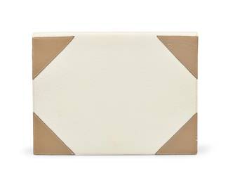 175 Krizia: A White & Tan Embossed Exotic Leather Clutch Embossed to interior: Krizia / Made in Italy A vintage flat envelope portfolio style clutch in white embossed stippled leather, with smooth tan leather corner accents and strap, with multiple interior pockets, and one zip pocket  8 in. H x 10 3/8 in. W x 1 in. D Estimate: $100 - $200