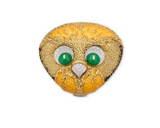 65 An 18K Bi-Color Gold, Enamel and Diamond Compact, Italy Featuring an animalistic design of textured gold, green, black and orange enamel, all accented by single-cut diamonds weighing approximately 2.25 carats, with original ostrich feather puff, signed Modele FC Depose, made in Italy  Measures: 3 1/4 x 2 3/4 in. 182.6 grams Estimate: $12,000 - $18,000