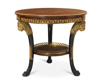 309 A Continental mahogany center table 19th century The top mounted with gilt bronze anthemion and floral trimmings and laurel wreath accents, above a galleried undertier, raised on three parcel gilt and ebonized legs carved with lion masks and paw feet 28.75" H x 32.75" Dia. Estimate: $1,000 - $1,500