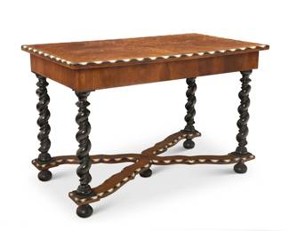 347 A Dutch Baroque style marquetry table 19th century elements With single drawer to one side, the top with foliate scrolls and central medallion, raised on barley twist legs joined by a curved X-stretcher, the edges inlaid with bone and wood 29.75" H x 46" W x 25" D Estimate: $800 - $1,200