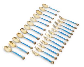 263 A Norwegian enameled silver gilt dessert service Mid-20th century Each impressed: TH. MARTHINSEN / STERLING / NORWAY / 925 Comprising 12 spoons and 12 forks, each monogrammed 24 pieces Each: 6" L Estimate: $300 - $500
