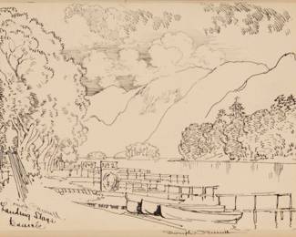 360 Joseph Pennell (1857-1926) "Landing Stage, Keswick" Ink and touches of graphite on off-white paper mounted to artist's board Signed and titled lower left: Joseph Pennell, signed again on the support board directly below the lower sheet edge Image/Sheet: 7" H x 9.875" W; Sight: 7.25" H x 10" W Estimate: $300 - $500