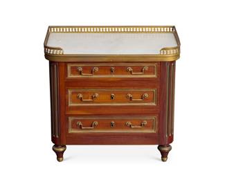 372 A miniature Louis XVI style mahogany commode 20th century With gilt-bronze mounts and upper gallery, white marble top, and three locking drawers, raised on toupie feet 9.75" H x 10.375" W x 6.25" D Estimate: $800 - $1,200