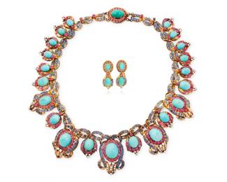 76 A Gold, Turquoise, Gem-Set and Diamond Necklace and Earring Set Of an ornate design featuring oval turquoise cabochons accented by round rubies and sapphires, finished with round diamonds weighing approximately 3.50 carats total  Necklace: 17 in., earrings: 1 3/4 x 5/8 in. 145.1 grams gross Estimate: $5,000 - $7,000