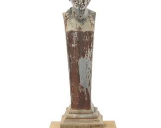 238 A Bromsgrove Guild composition stone herm Early 20th century Marked in relief to base: Bromsgrove Guild / Worcestershire Set on a concrete base Bronze: 36" H x 8.5" W x 9" D; Overall: 40" H x 19" W x 13.5" D, irregular Estimate: $1,000 - $2,000