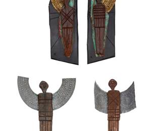 328 Four Folk Art carved wood winged figures 20th century Each impressed in the wood: K Each mounted with pierced metal wings, comprising one pair mounted to a black painted backing with copper sheeting, and another pair of floating figures 4 pieces Top pair each: 19.5" H x 6.25" W x 4" D; Lower pair each: 15" H x 10.75" W x 5.5" D approximately Estimate: $300 - $500
