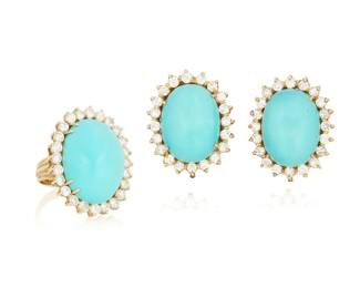 77 A 14K Gold, Turquoise and Diamond Ring and Earring Set Centering three oval turquoise cabochons weighing approximately 39.90, 16.00 and 16.50 carats, encircled by round diamonds weighing approximately 5.20 carats total 3 pieces  Ring: 7 3/4, Earrings: 1 x 7/8 in. 39.5 grams gross Estimate: $4,000 - $6,000