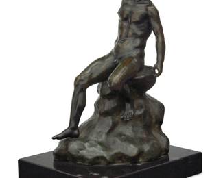 371 An Italian patinated bronze figure of the Sleeping Faun 20th century Unsigned With verdigris patina on a composite base Bronze: 9.125" H x 5.375" W x 4.25" D; Overall: 10.25" H x 7.125" W x 5.625" D Estimate: $400 - $600